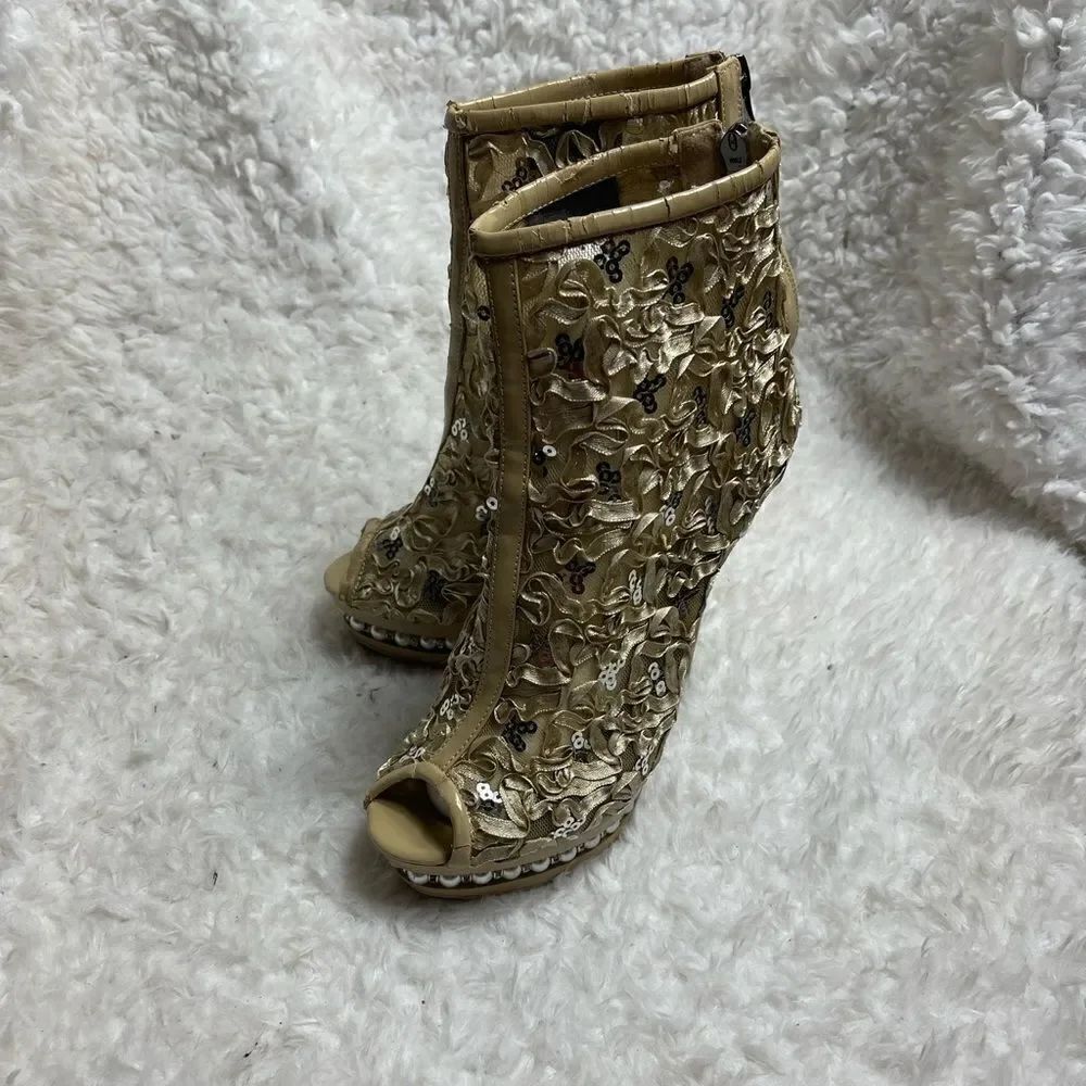 Juicy Couture ankle booties beige ribbons & sequins platform heels EUR S…